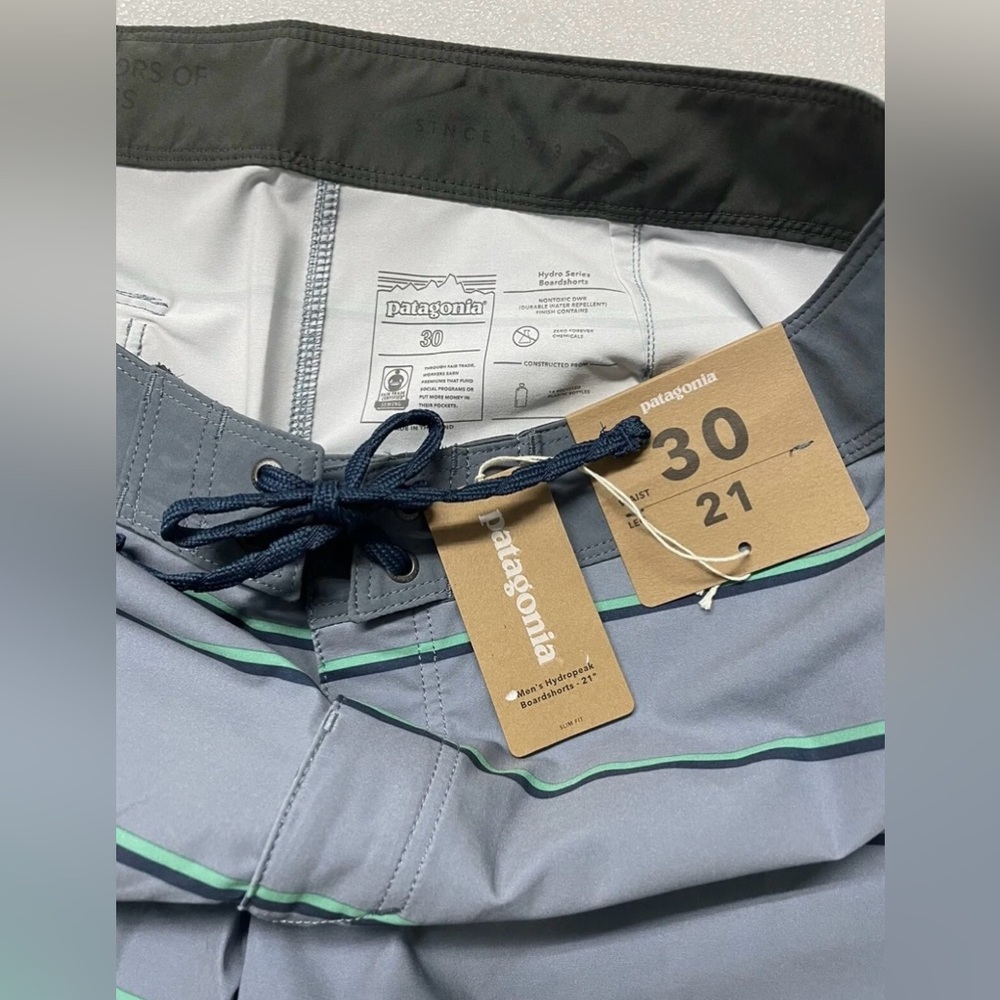 Men's PATAGONIA Stretch Hydropeak Boardshorts 21"- Sz 30 & 32 Blue Stripped $79 - Picture 3 of 10